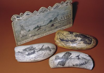 Whaling scrimshaw (tooth) by American School